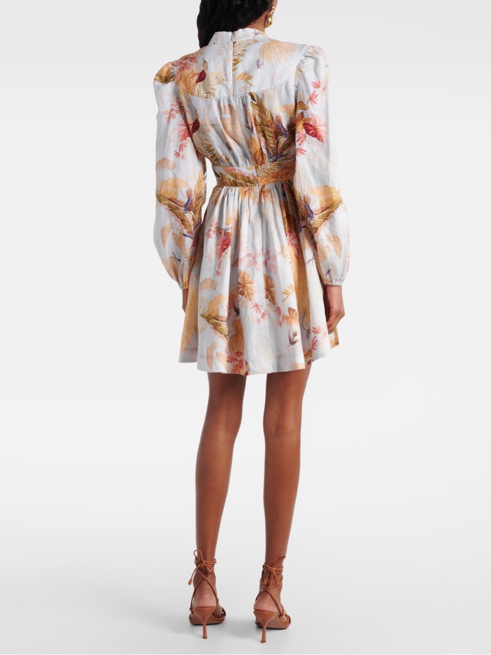 Zimmermann Light Blue Tropical-Print Puff-Sleeve Mini Dress with Yellow Accents - Picture 2 of 7